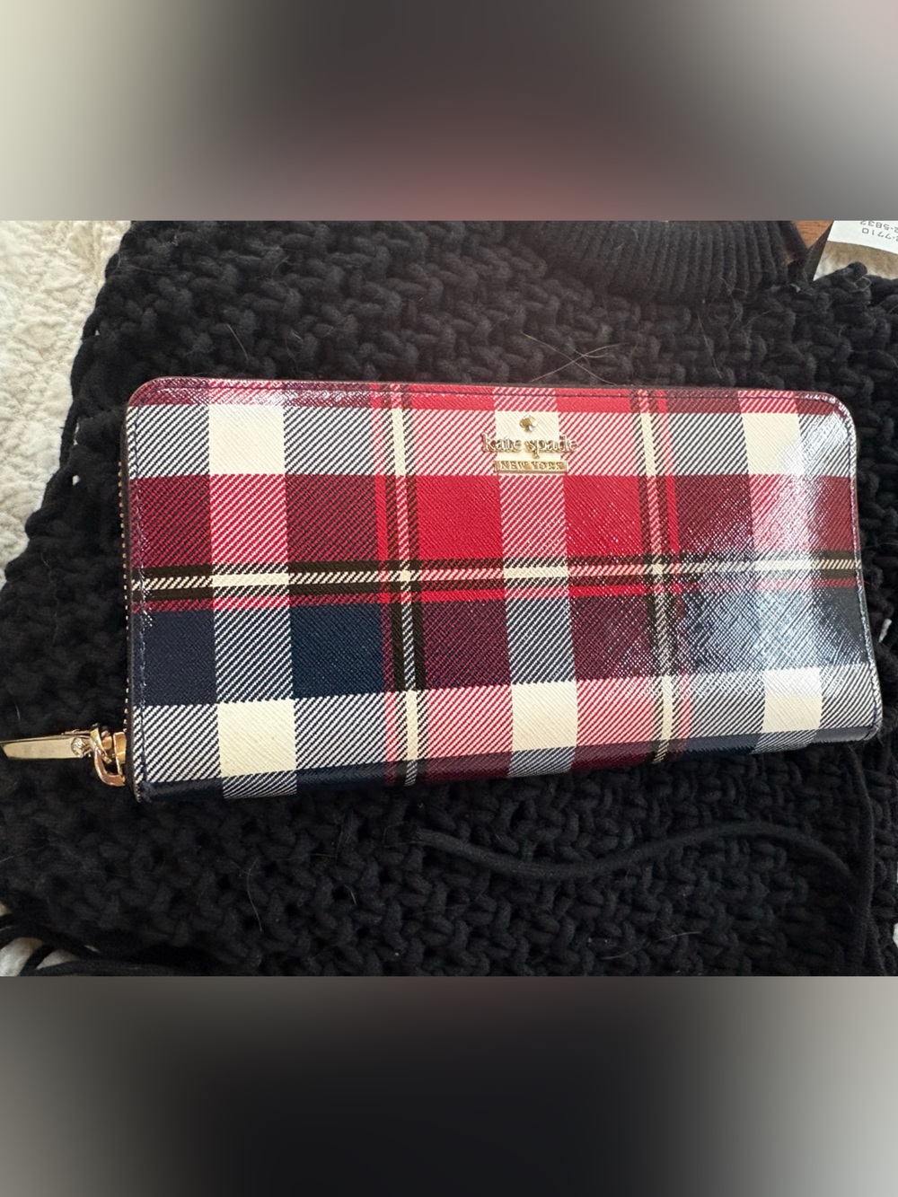 NWOT Kate Spade ♠️ Wallet Red Cream & Blue Plaid Zip-Around Stacey Gold Hardware
